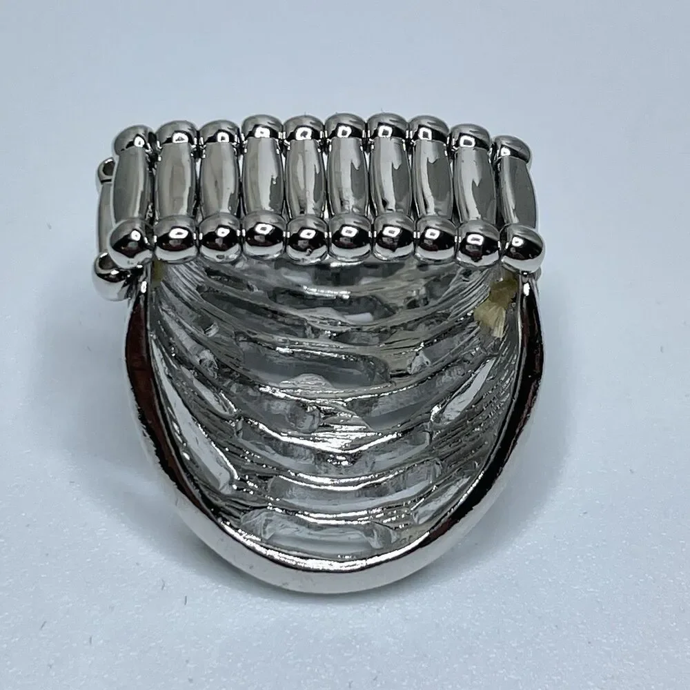 Stunning Silver Tone White Rhinestone Wide Stretch Band Ring Statement Fashion